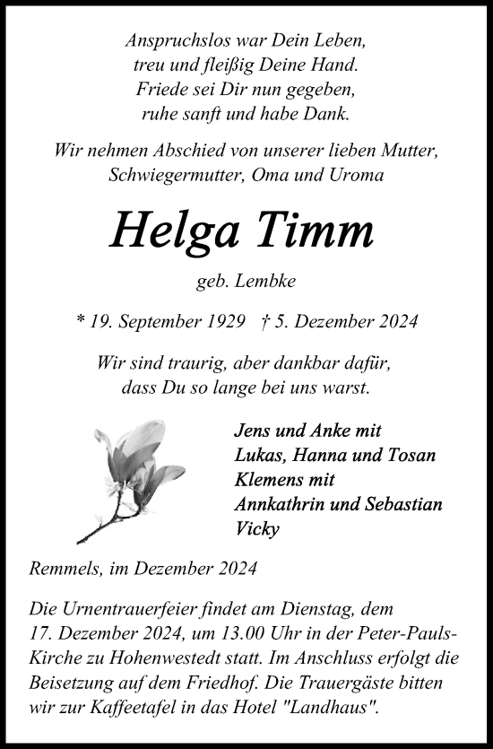 Traueranzeige von Helga Timm von Schleswig-Holsteinische Landeszeitung