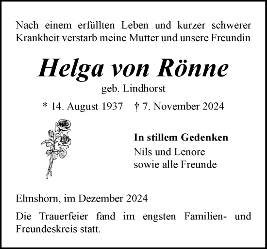 Traueranzeige von Helga von Rönne von Elmshorner Nachrichten, Barmstedter Zeitung
