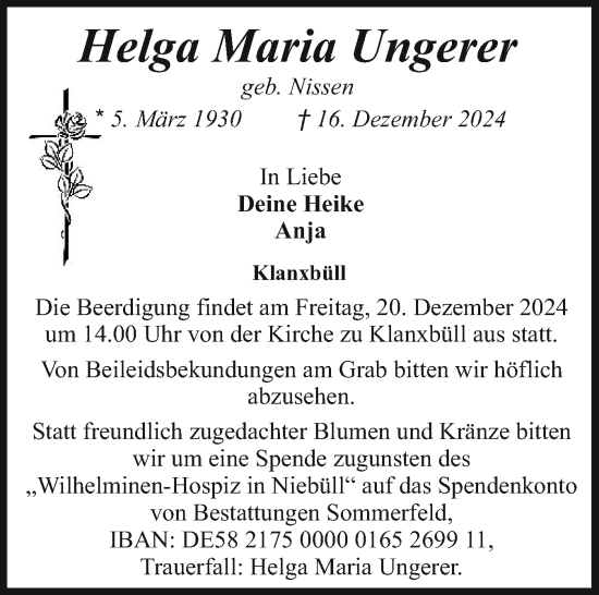 Traueranzeige von Helga Maria Ungerer von Husumer Nachrichten, Nordfriesland Tageblatt