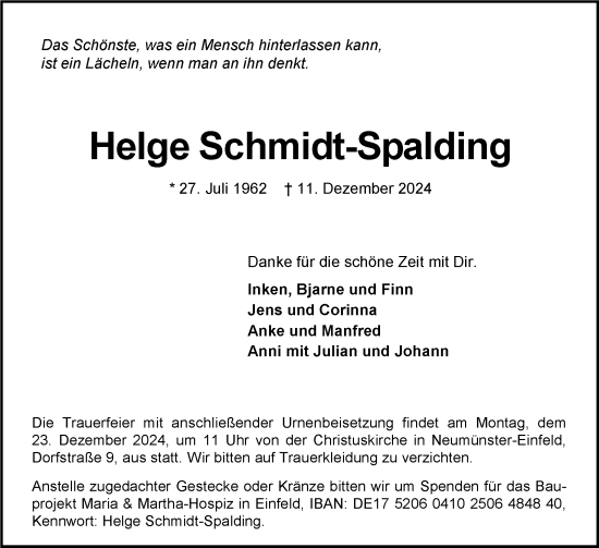 Traueranzeige von Helge Schmidt-Spalding von Holsteinischer Courier