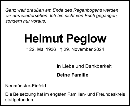 Traueranzeige von Helmut Peglow von Holsteinischer Courier