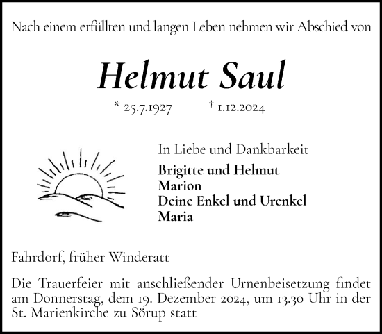 Traueranzeige von Helmut Saul von Flensburger Tageblatt, Schleswiger Nachrichten, Schlei-Bote