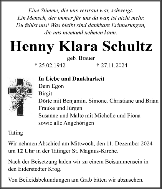 Traueranzeige von Henny Klara Schultz von Husumer Nachrichten, Nordfriesland Tageblatt