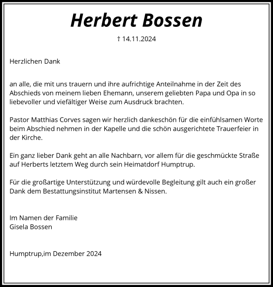 Traueranzeige von Herbert Bossen von Husumer Nachrichten, Nordfriesland Tageblatt