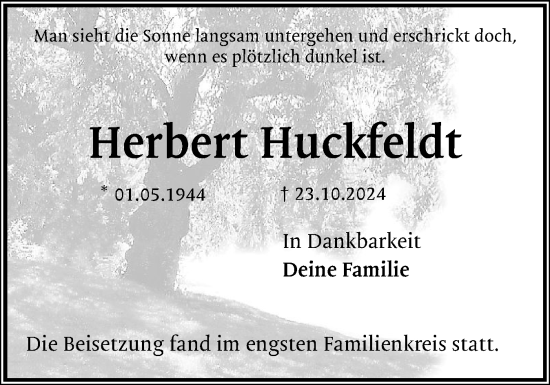 Traueranzeige von Herbert Huckfeldt von Uetersener Nachrichten, Der tip am Wochenende