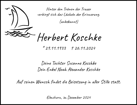 Traueranzeige von Herbert Koschke von Elmshorner Nachrichten, Barmstedter Zeitung