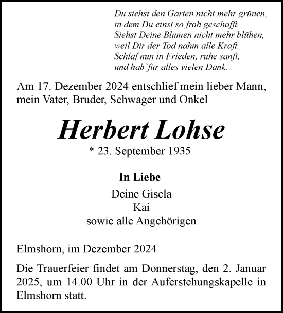 Traueranzeige von Herbert Lohse von Elmshorner Nachrichten, Barmstedter Zeitung