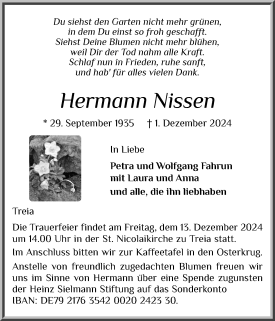 Traueranzeige von Hermann Nissen von Schleswiger Nachrichten, Schlei-Bote