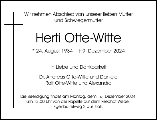 Traueranzeige von Herti Otte-Witte von Wedel-Schulauer Tageblatt, tip Wedel-Schulauer Tageblatt, tip Rissener Rundschau