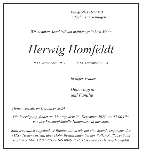 Traueranzeige von Herwig Homfeldt von Schleswig-Holsteinische Landeszeitung