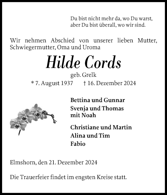 Traueranzeige von Hilde Cords von Elmshorner Nachrichten, Barmstedter Zeitung