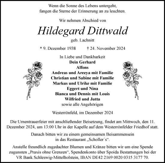 Traueranzeige von Hildegard Dittwald von Schleswig-Holsteinische Landeszeitung