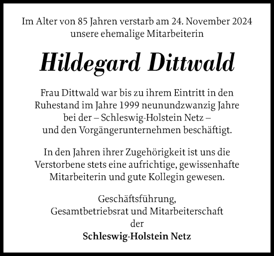 Traueranzeige von Hildegard Dittwald von Schleswig-Holsteinische Landeszeitung