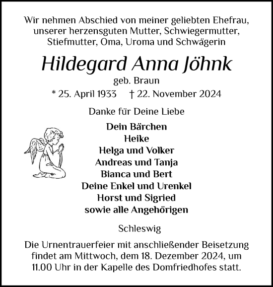 Traueranzeige von Hildegard Anna Jöhnk von Schleswiger Nachrichten, Schlei-Bote