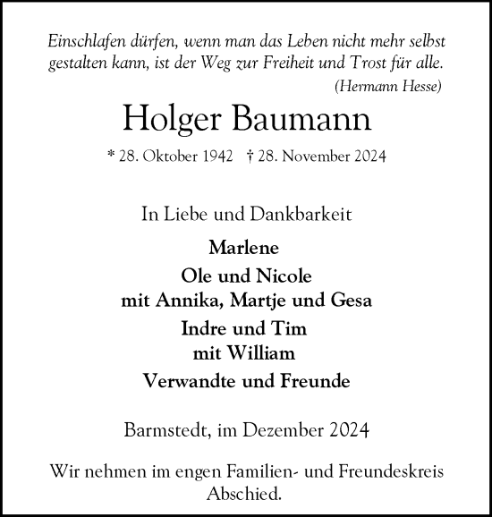 Traueranzeige von Holger Baumann von Elmshorner Nachrichten, Barmstedter Zeitung