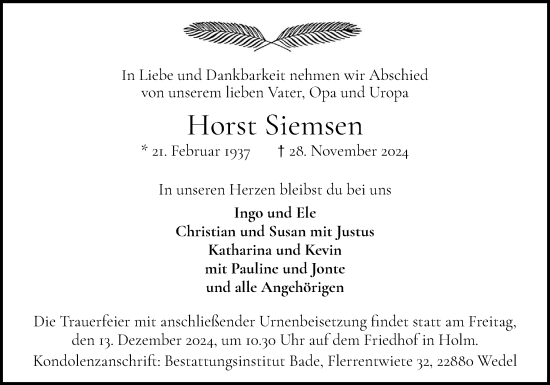 Traueranzeige von Horst Siemsen von Uetersener Nachrichten, Der tip am Wochenende