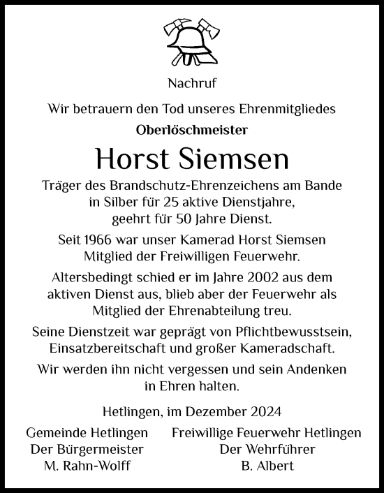 Traueranzeige von Horst Siemsen von Wedel-Schulauer Tageblatt, tip Wedel-Schulauer Tageblatt, tip Rissener Rundschau