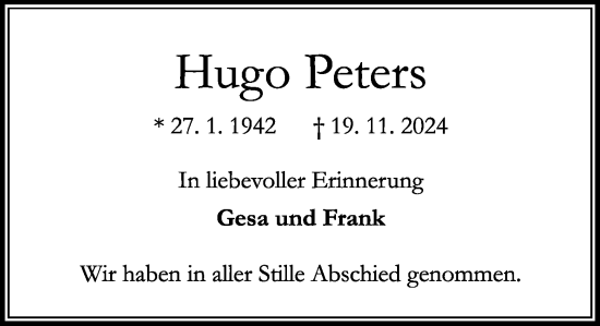 Traueranzeige von Hugo Peters von Stormaner Tageblatt