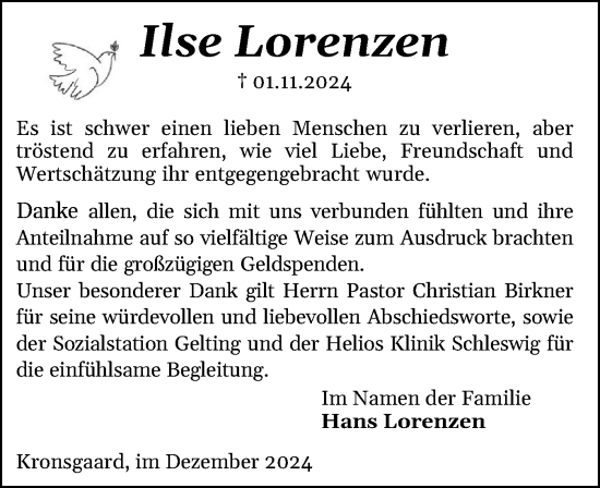 Traueranzeige von Ilse Lorenzen von Flensburger Tageblatt