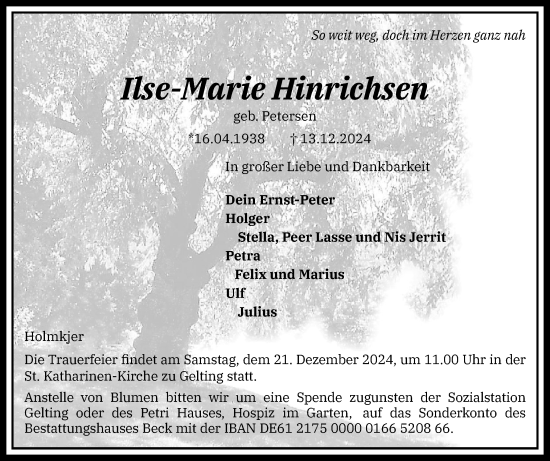 Traueranzeige von Ilse-Marie Hinrichsen von Flensburger Tageblatt, Schleswiger Nachrichten, Schlei-Bote