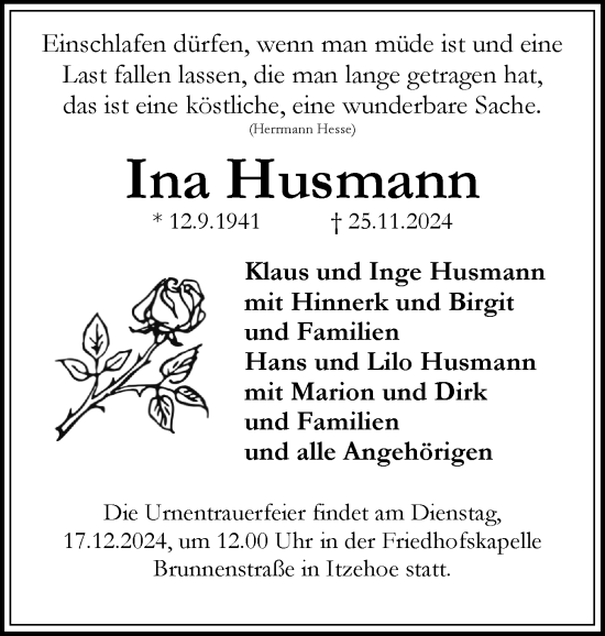 Traueranzeige von Ina Husmann von Norddeutsche Rundschau, Wilstersche Zeitung, Glückstädter Fortuna
