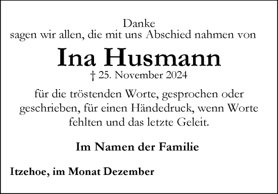 Traueranzeige von Ina Husmann von Norddeutsche Rundschau, Wilstersche Zeitung, Glückstädter Fortuna