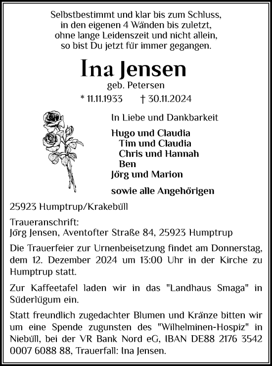 Traueranzeige von Ina Jensen von Husumer Nachrichten, Nordfriesland Tageblatt