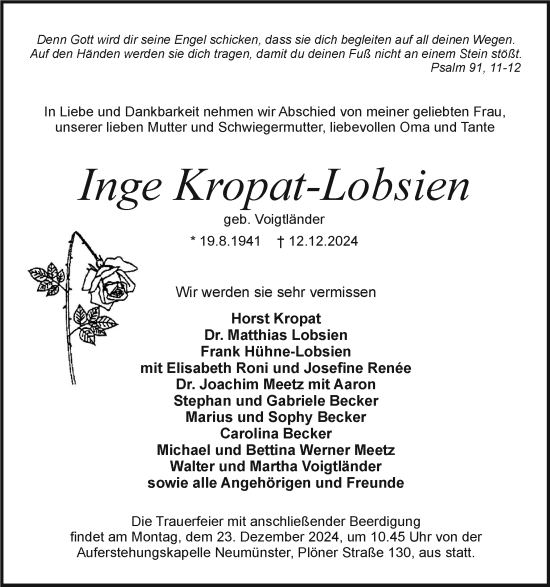 Traueranzeige von Inge Kropat-Lobsien von Holsteinischer Courier