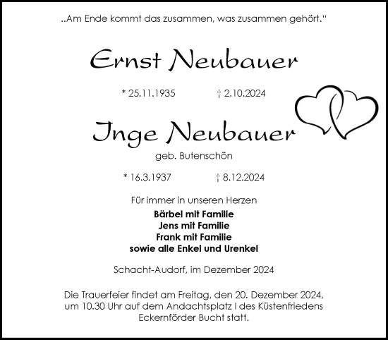 Traueranzeige von Inge Neubauer von Schleswig-Holsteinische Landeszeitung