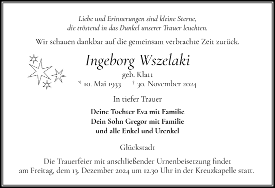 Traueranzeige von Ingeborg Wszelaki von Norddeutsche Rundschau, Wilstersche Zeitung, Glückstädter Fortuna