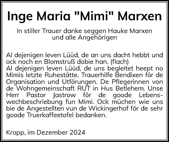 Traueranzeige von Inge Maria Marxen von Schleswiger Nachrichten, Schlei-Bote