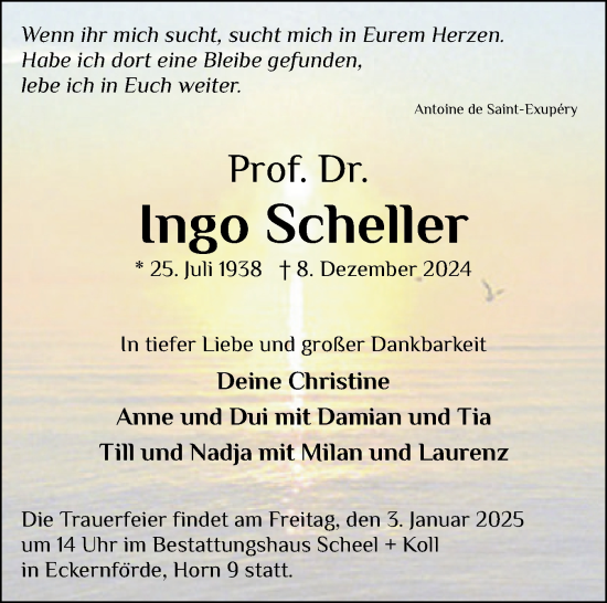 Traueranzeige von Ingo Scheller von Eckernförder Zeitung, Hallo Eckernförde