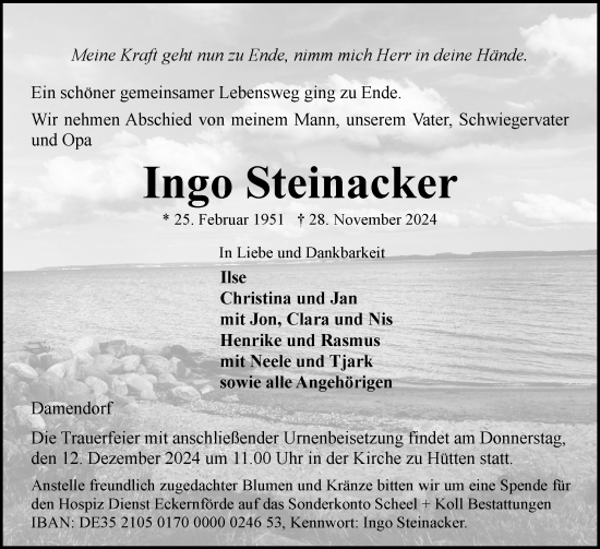Traueranzeige von Ingo Steinacker von Eckernförder Zeitung, Hallo Eckernförde