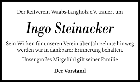 Traueranzeige von Ingo Steinacker von Eckernförder Zeitung, Hallo Eckernförde