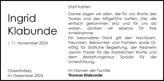 Traueranzeige von Ingrid Klabunde von Schleswig-Holsteinische Landeszeitung