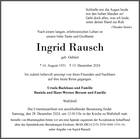 Traueranzeige von Ingrid Rausch von Flensburger Tageblatt