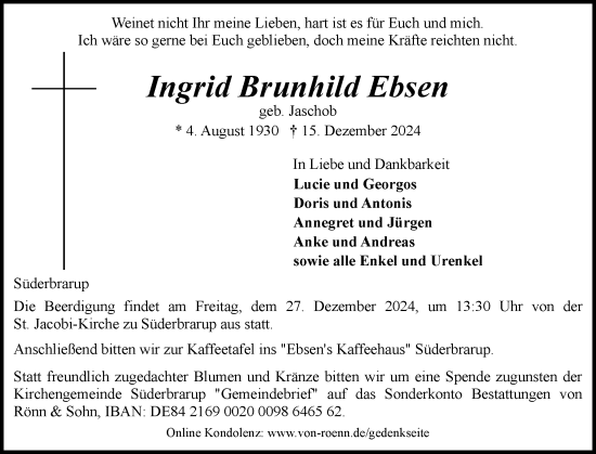 Traueranzeige von Ingrid Brunhild Ebsen von Schleswiger Nachrichten, Schlei-Bote