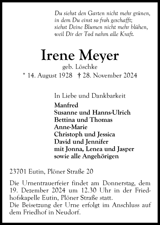 Traueranzeige von Irene Meyer von Ostholsteiner Anzeiger