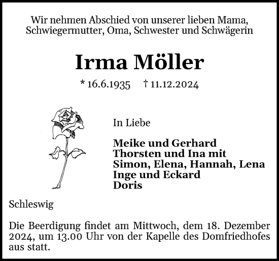 Traueranzeige von Irma Möller von Schleswiger Nachrichten, Schlei-Bote