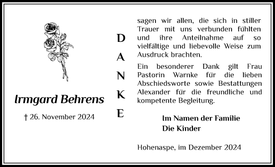 Traueranzeige von Irmgard Behrens von Norddeutsche Rundschau, Wilstersche Zeitung, Glückstädter Fortuna