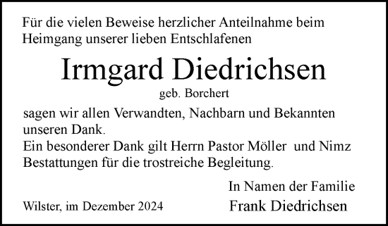 Traueranzeige von Irmgard Diedrichsen von Norddeutsche Rundschau, Wilstersche Zeitung, Glückstädter Fortuna