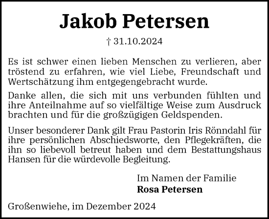 Traueranzeige von Jakob Petersen von Region Flensburg