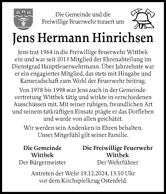 Traueranzeige von Jens Hermann Hinrichsen von Husumer Nachrichten, Nordfriesland Tageblatt