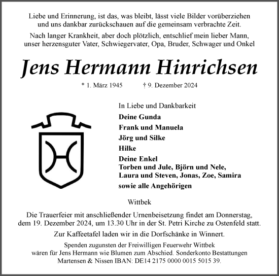 Traueranzeige von Jens Hermann Hinrichsen von Husumer Nachrichten, Nordfriesland Tageblatt