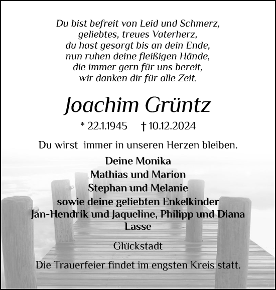 Traueranzeige von Joachim Grüntz von Norddeutsche Rundschau, Wilstersche Zeitung, Glückstädter Fortuna