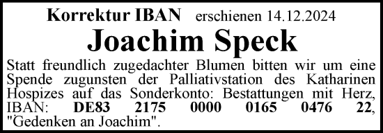 Traueranzeige von Joachim Speck von Flensburger Tageblatt