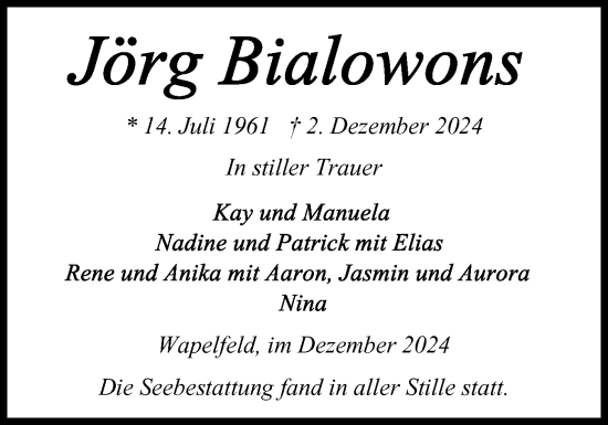 Traueranzeige von Jörg Bialowons von Holsteinischer Courier