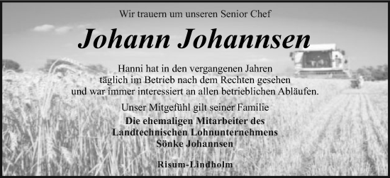 Traueranzeige von Johann Johannsen von Husumer Nachrichten, Nordfriesland Tageblatt