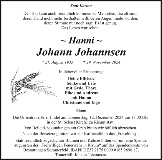 Traueranzeige von Johann Johannsen von Husumer Nachrichten, Nordfriesland Tageblatt