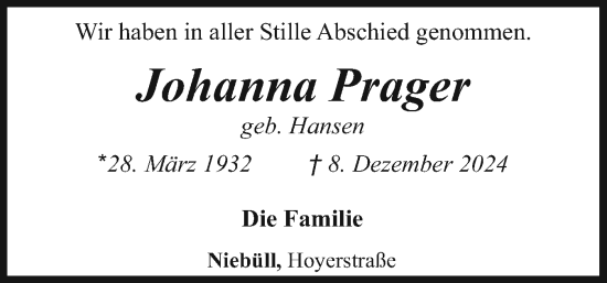 Traueranzeige von Johanna Prager von Husumer Nachrichten, Nordfriesland Tageblatt